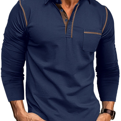 Polo Homme Manches Longues à Col Relevé avec Patte de Boutons et Poches Poitrine Décoratives