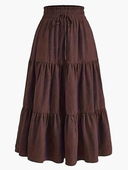Gonna lunga donna elegante a vita alta con volant, stile primavera estate, ideale per tempo libero e uscite