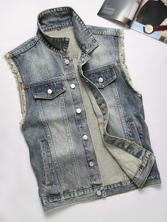 Veste sans manches en denim délavé bleu pour homme avec boutons et poches