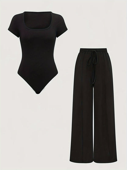 Ensemble Femme Body Col Carré et Pantalon Large Taille Haute Style Décontracté Printemps Été