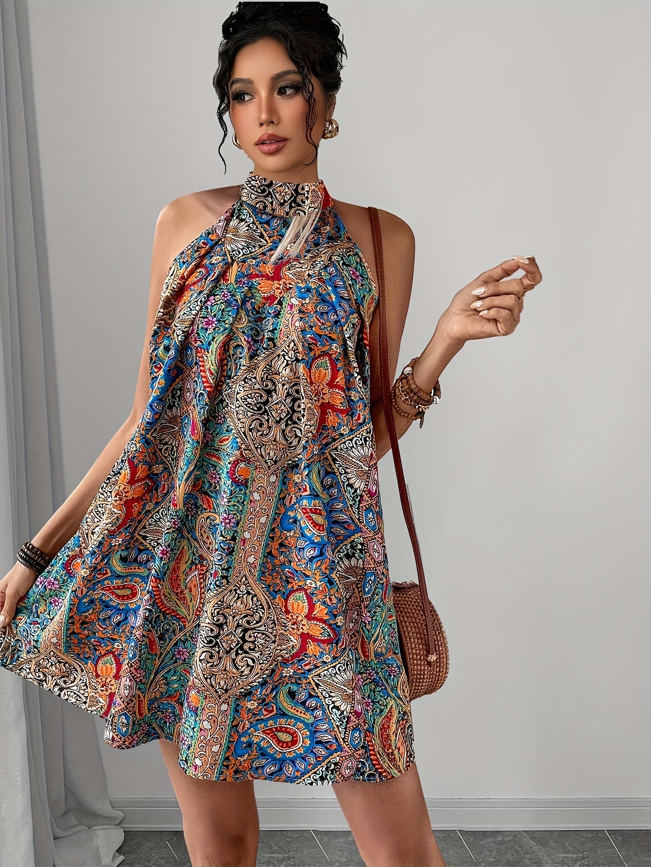 Abito a trapezio elegante con stampa artistica da donna, stile estivo casual