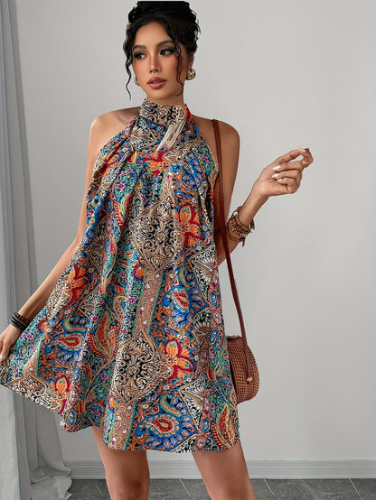 Abito a trapezio elegante con stampa artistica da donna, stile estivo casual