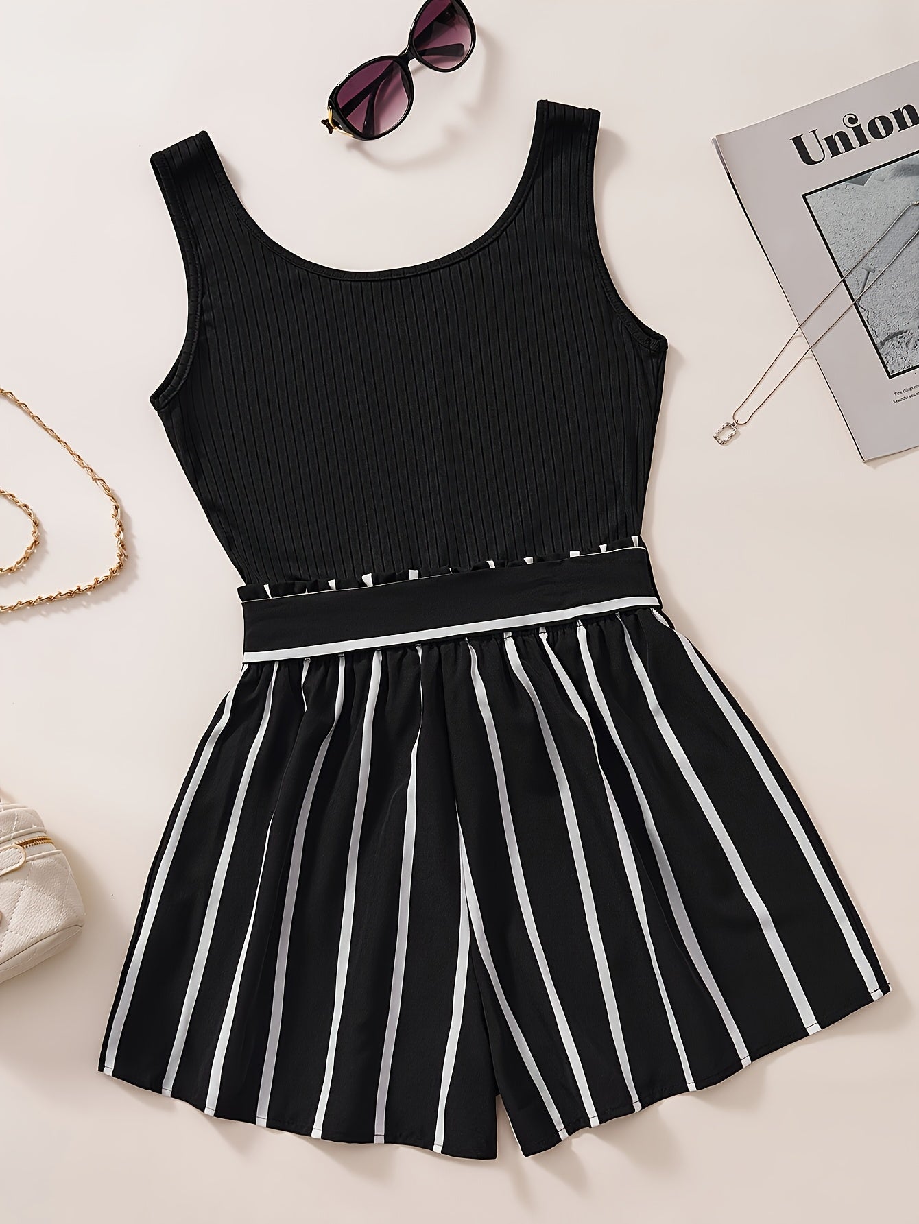 Combishort élégante à rayures pour femme, style décontracté été