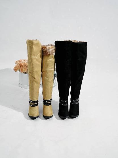 Bottes hautes femme à talon compensé et bordure fausse fourrure - Noir ou Beige