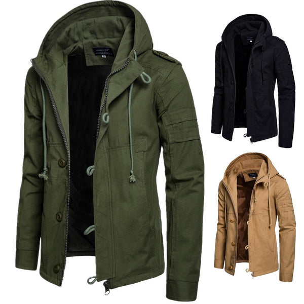 Men's Military-Style Hooded Cargo Jacket with Pockets and Zip Closure