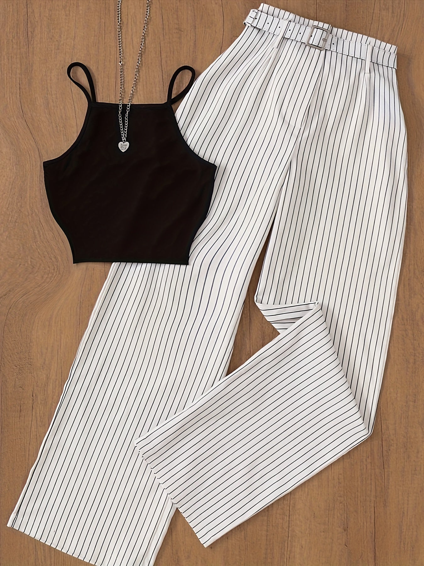 Ensemble femme élégant à rayures pour printemps/été, pantalon large et crop top chic