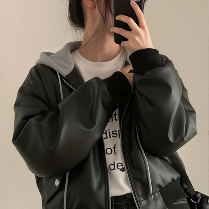 Blouson Bomber Femme Noir avec Capuche Grise Amovible Style Sport Chic