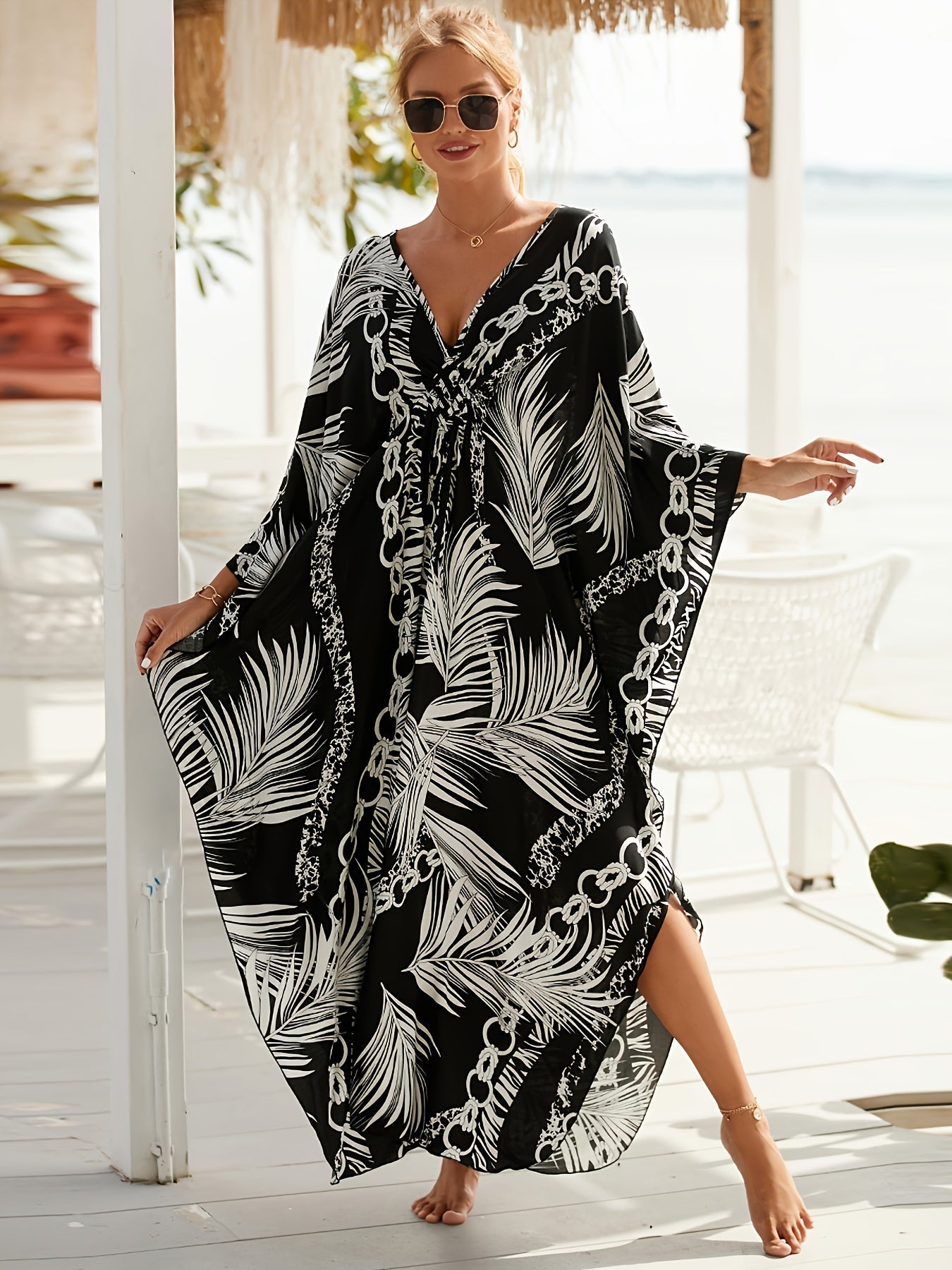 Kaftán largo de playa para mujer estilo resort tropical chic