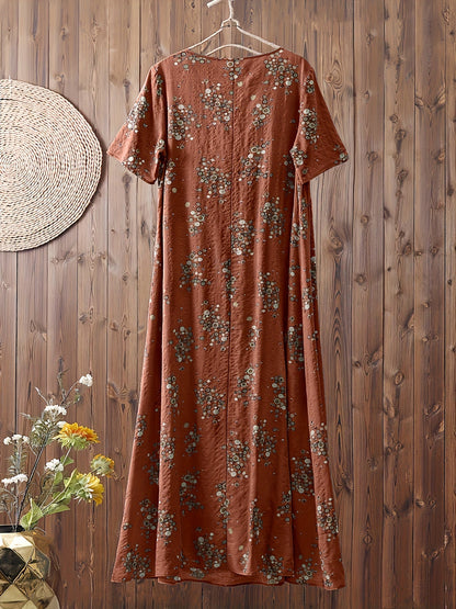 Abito lungo casual donna stile bohemien con stampa floreale e scollo a V, ideale per l'estate