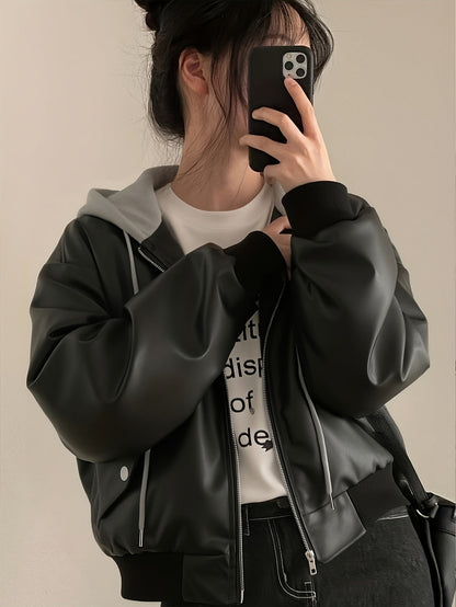 Blouson Bomber Femme Noir avec Capuche Grise Amovible Style Sport Chic