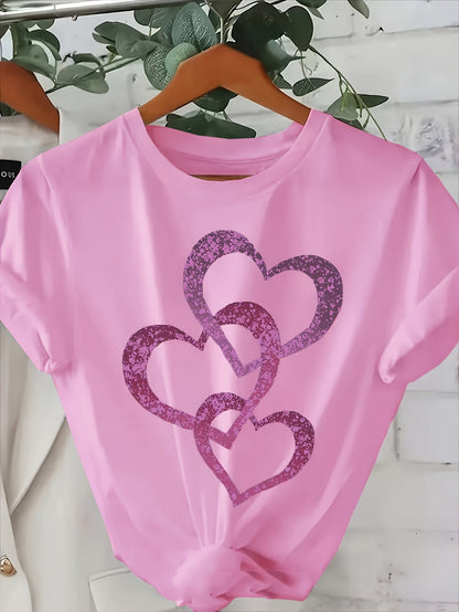 Damen-T-Shirt im lässigen Stil mit glitzernden Herzmotiven, kurze Ärmel, ideal für den Sommer  