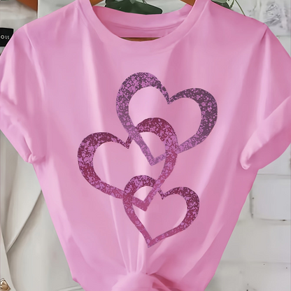 Damen-T-Shirt im lässigen Stil mit glitzernden Herzmotiven, kurze Ärmel, ideal für den Sommer  