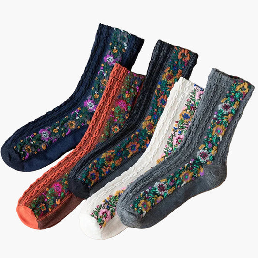 Dame vintage strømper med broderede blomsterprint, elegante og komfortable til daglig brug