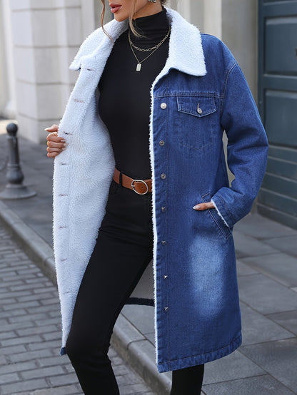 Manteau long en jean bleu délavé doublé doux pour femme
