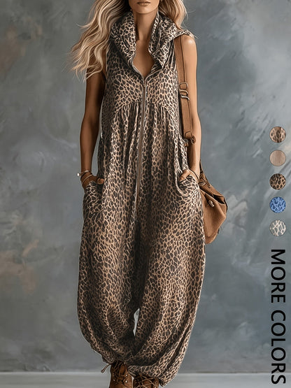 Combinaison pantalon femme motif léopard sans manches avec capuche et poches