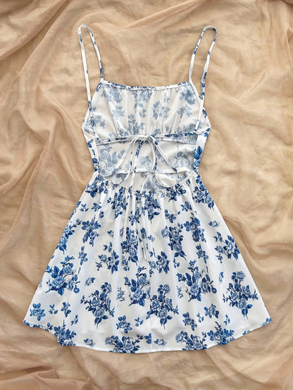 Abito estivo femminile stile elegante a fiori, taglio a trapezio, uso quotidiano o occasione speciale