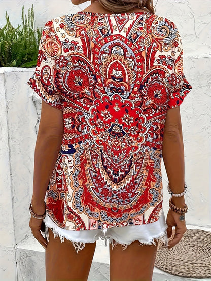Blouse élégante imprimée manches courtes pour femme – Style décontracté chic, idéale pour l'été et le week-end