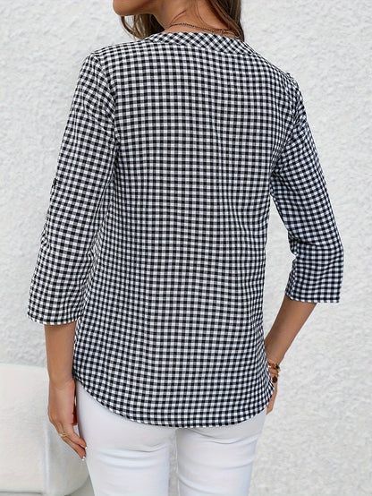 Lässige Damenbluse mit Karomuster, schicker Alltagsstil, hochgekrempelte Ärmel, V-Ausschnitt  