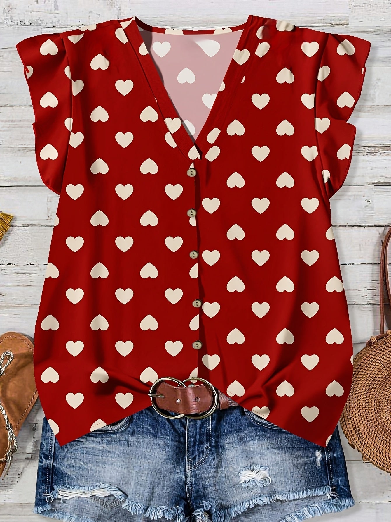Women's casual blouse with heart print, summer style, V-neck, buttoned