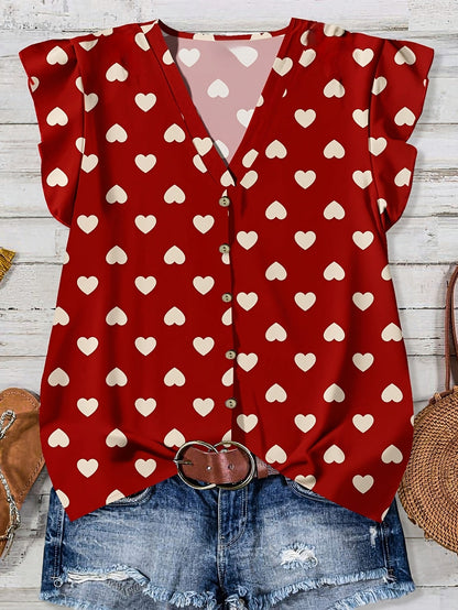 Women's casual blouse with heart print, summer style, V-neck, buttoned