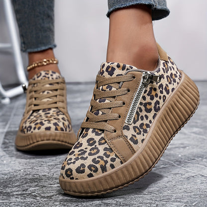 Baskets Femme Léopard Mode à Lacets avec Plateforme et Fermeture Éclair - Style Urbain Décontracté