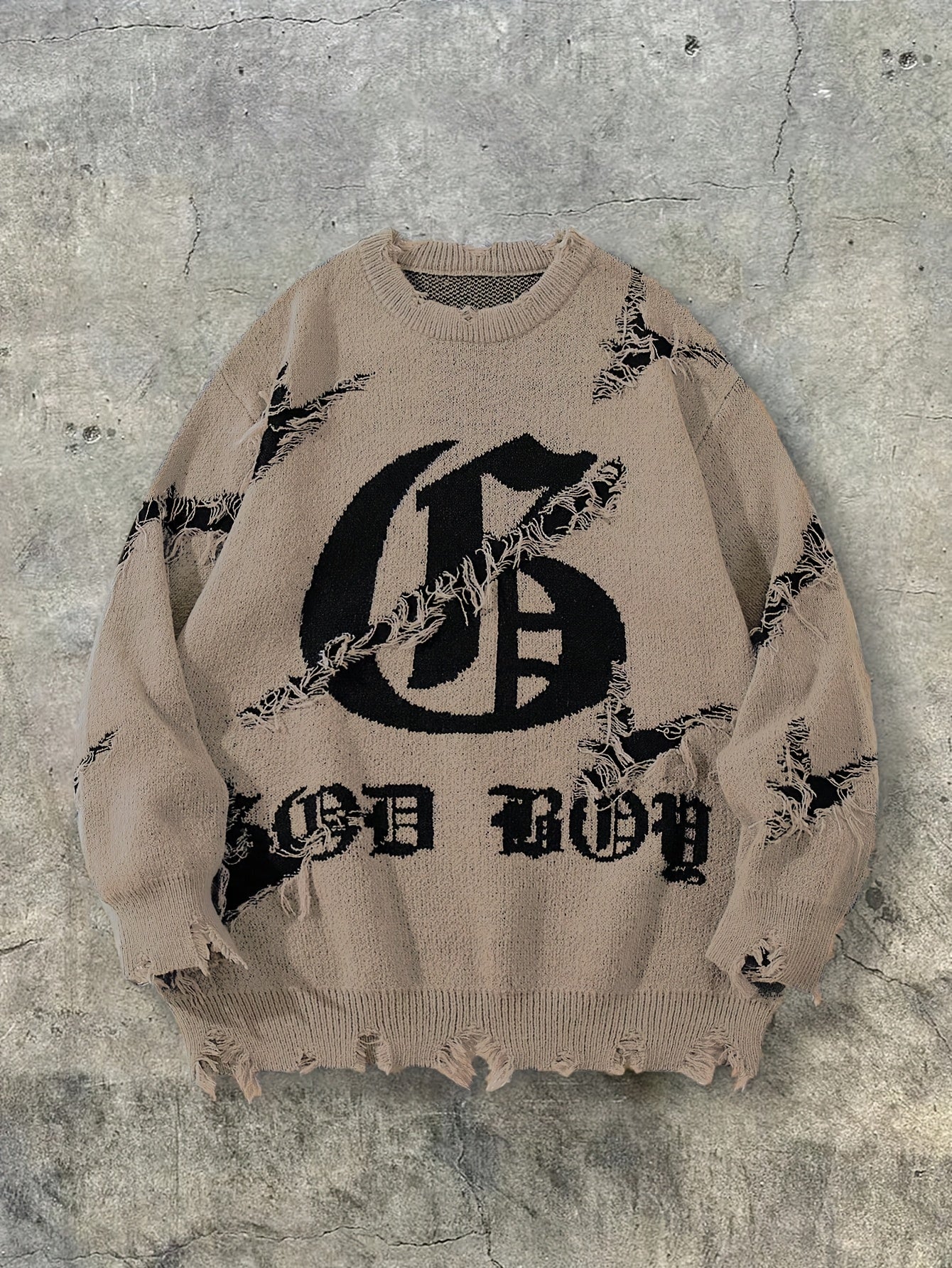 Pull homme gris déchiré oversize avec motif graphique