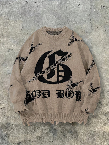 Pull homme gris déchiré oversize avec motif graphique
