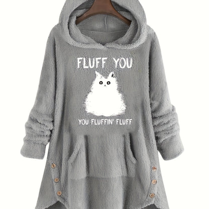 Pull à Capuche Teddy Femme Motif Chat "Fluff You" Rouge Bordeaux avec Oreilles