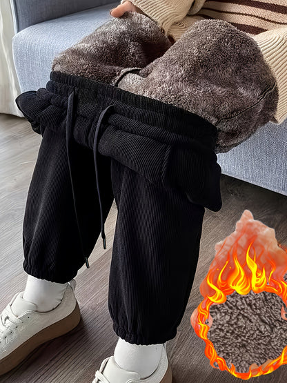 Pantalon en velours côtelé noir doublé polaire coupe ample