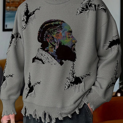 Pull homme décontracté beige à col rond avec motif visage coloré et détails déchirés
