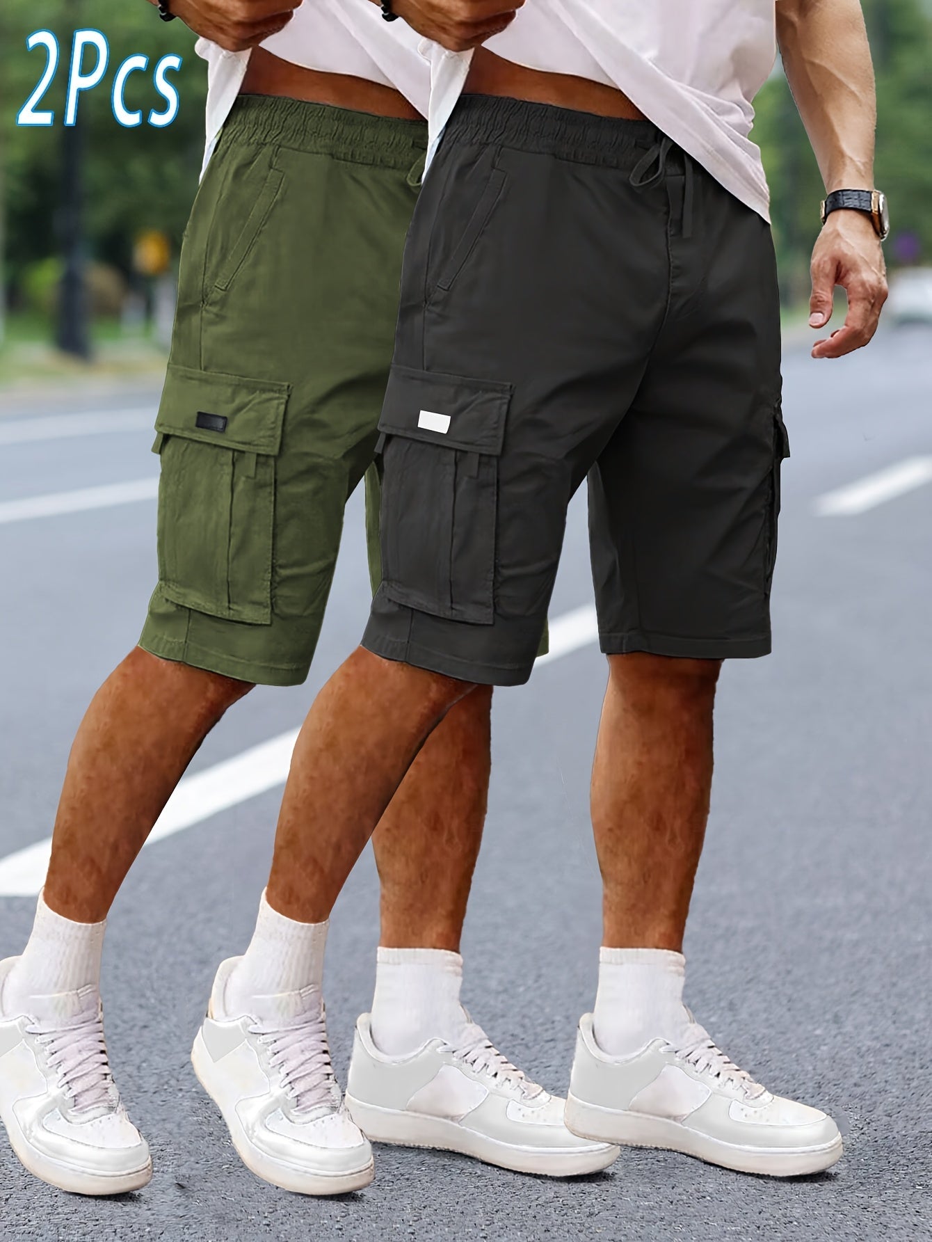 Shorts cargo casual da uomo 2 pezzi, stile urbano e versatile, ideali per il tempo libero e le attività all'aperto