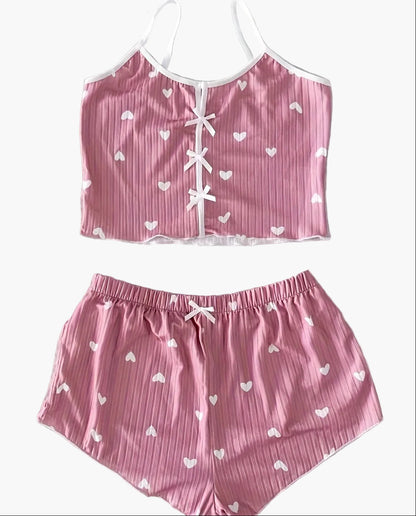 Pyjama d'été femme deux pièces style mignon à cœurs, ensemble débardeur et short, confortable pour la nuit