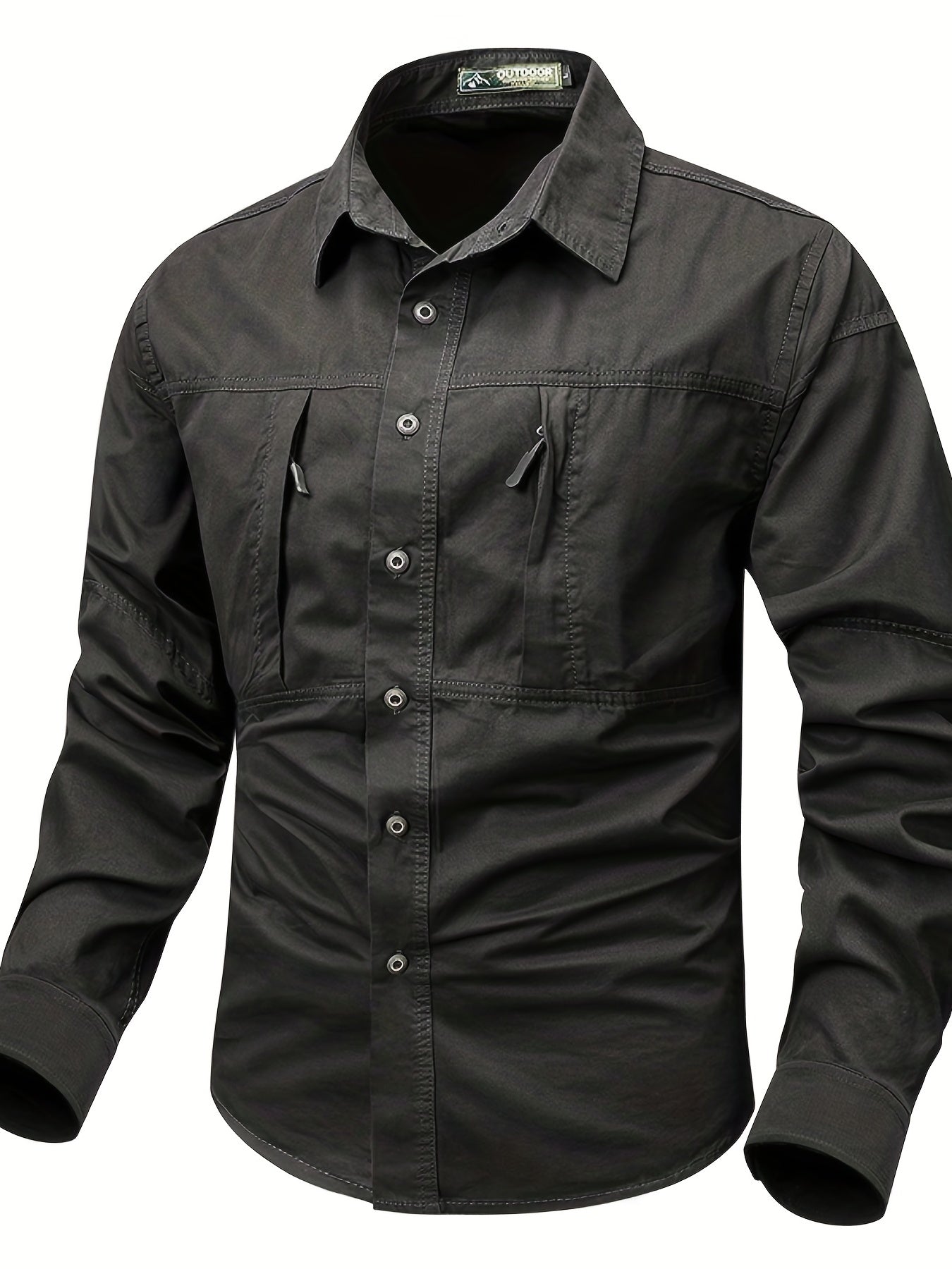 Chemise Homme Boutonnée Manches Longues à Poches Zippées Style Cargo Militaire