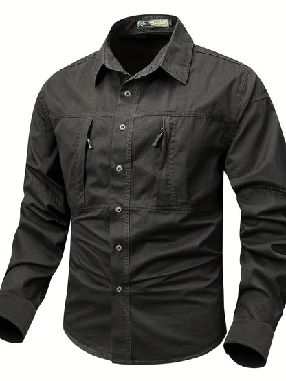Chemise Homme Boutonnée Manches Longues à Poches Zippées Style Cargo Militaire