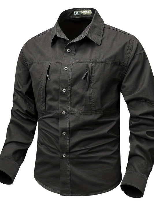 Chemise Homme Boutonnée Manches Longues à Poches Zippées Style Cargo Militaire