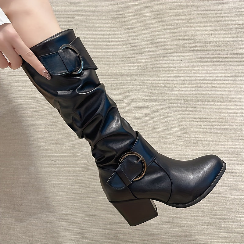 Bottes Femme Plissées Noires à Boucles et Talon Carré