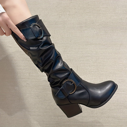 Bottes Femme Plissées Noires à Boucles et Talon Carré