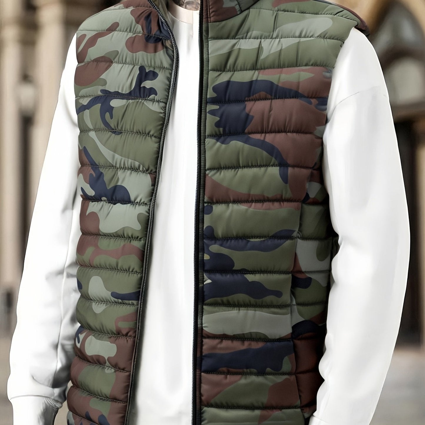 Doudoune sans manches homme matelassée motif camouflage vert militaire