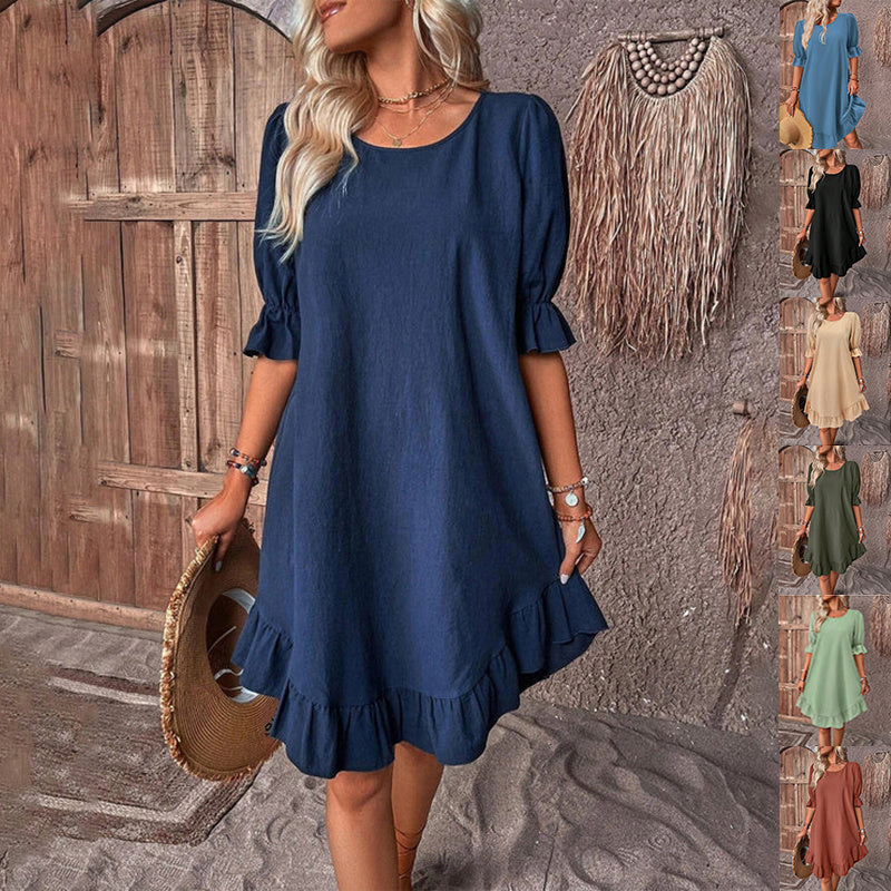 Amanda – Robe d'été à manches courtes avec volants de couleur unie et col rond