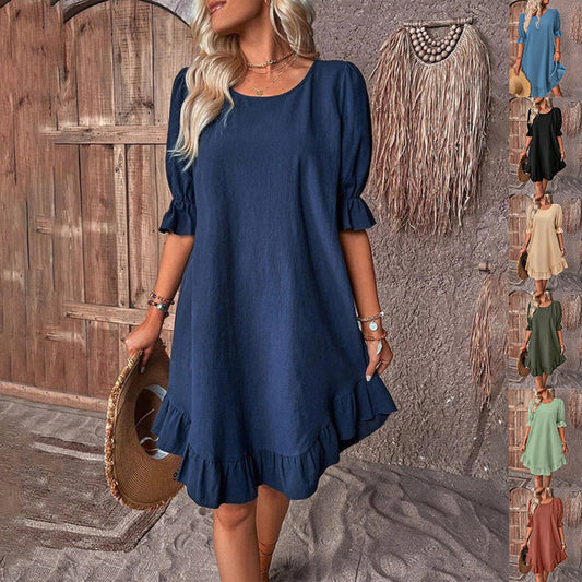 Amanda – Robe d'été à manches courtes avec volants de couleur unie et col rond