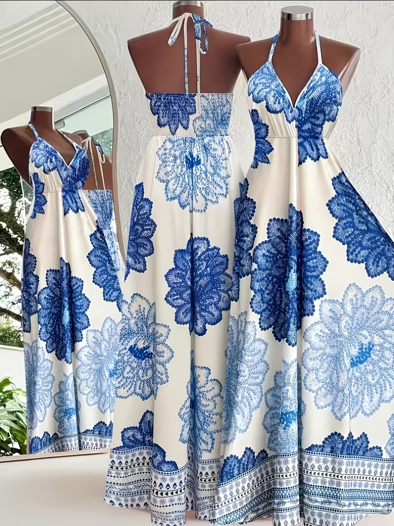 Lång klänning med öppen rygg för kvinnor, bohemisk chic stil, semester