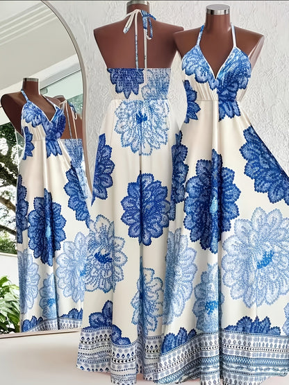 Lång klänning med öppen rygg för kvinnor, bohemisk chic stil, semester