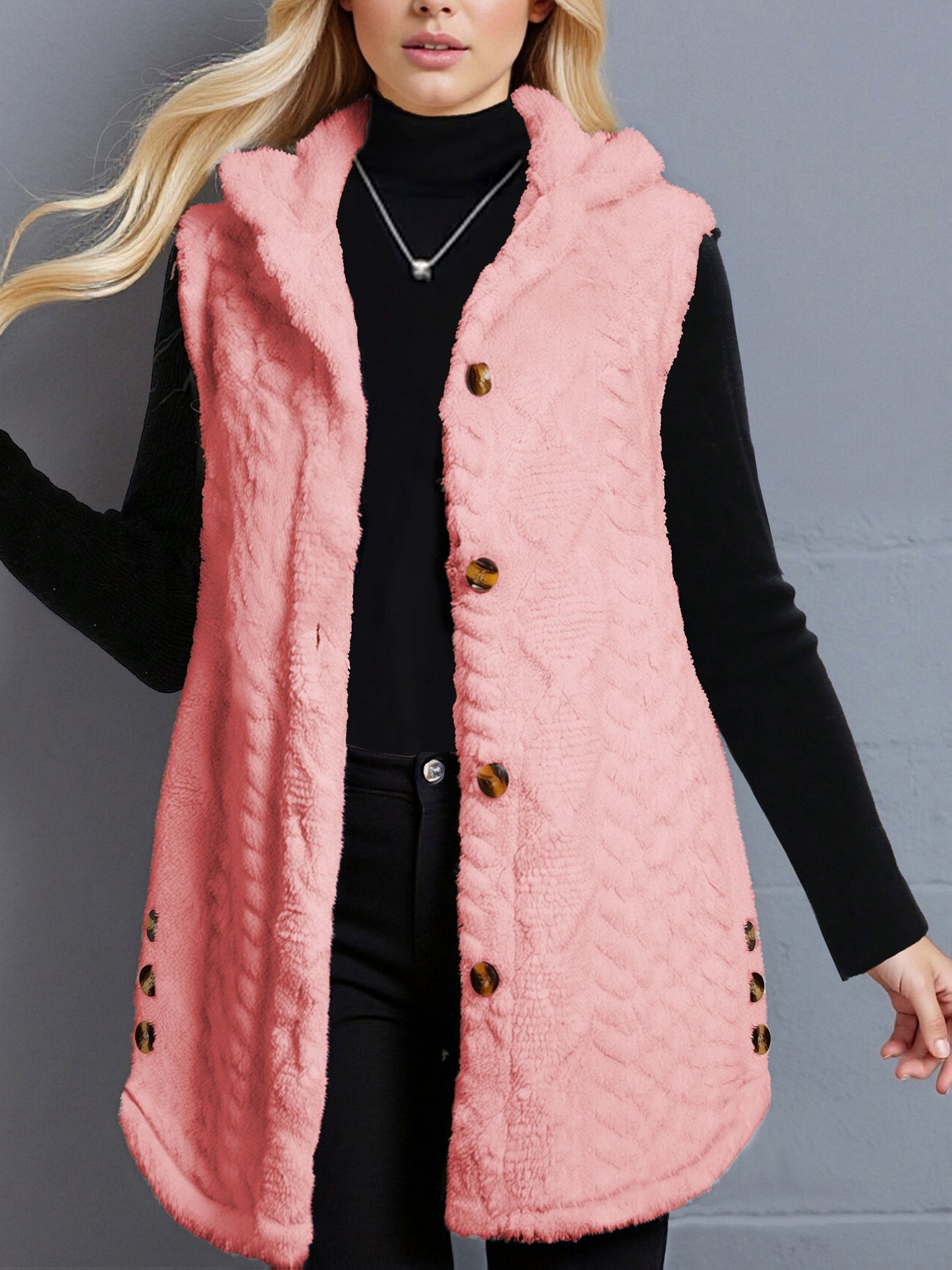 Gilet sans manches à capuche doux texture chevronné couleur crème