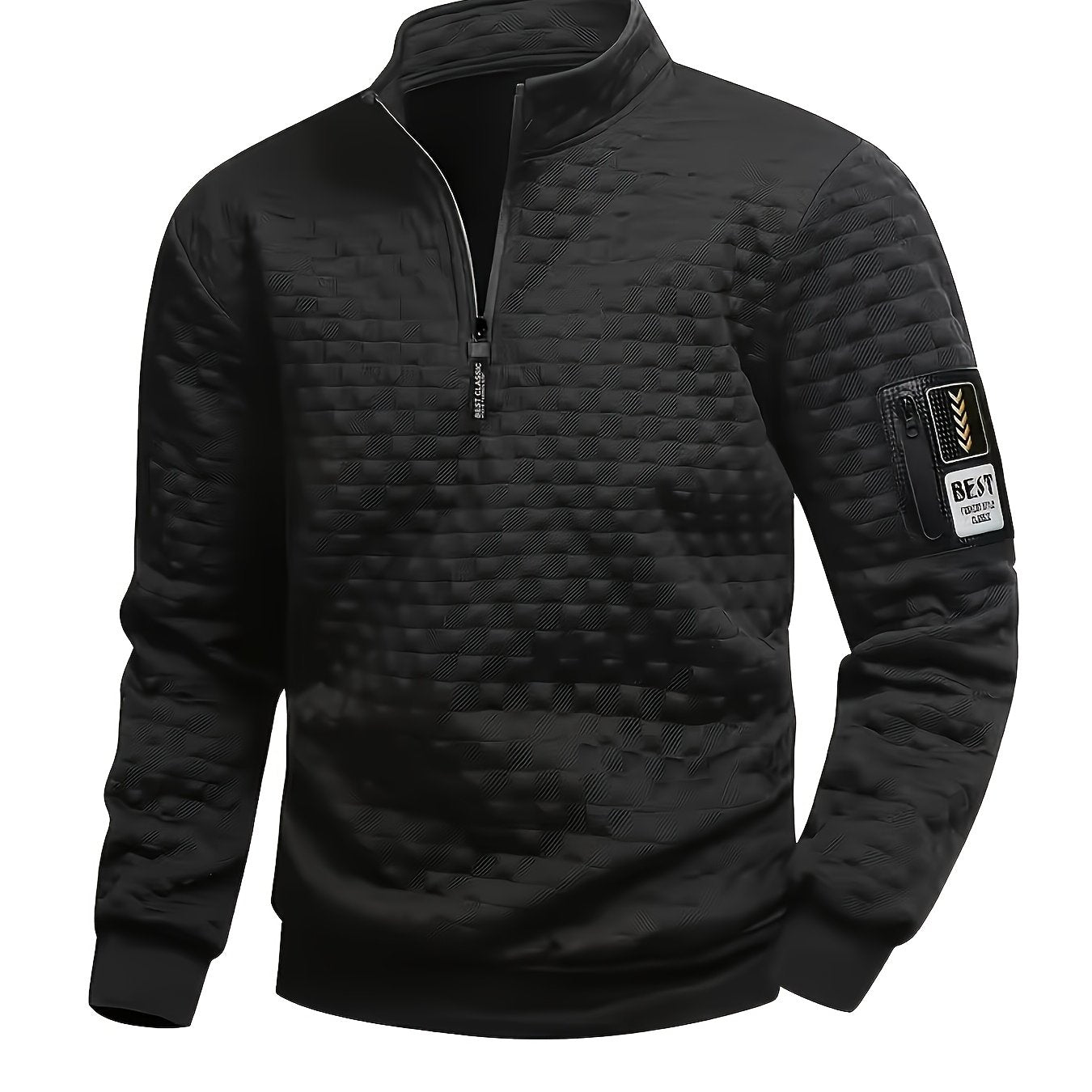 Pull homme matelassé motif géométrique avec col montant zippé et patch manche