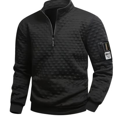 Pull homme matelassé motif géométrique avec col montant zippé et patch manche
