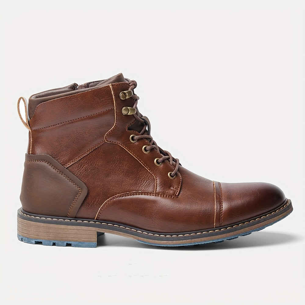Bottes montantes pour homme marron avec lacets et semelle bleue contrastante