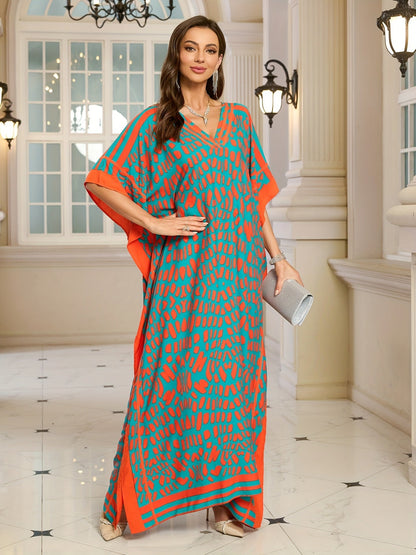 Robe longue bohème femme à imprimé graphique, col V, style décontracté chic
