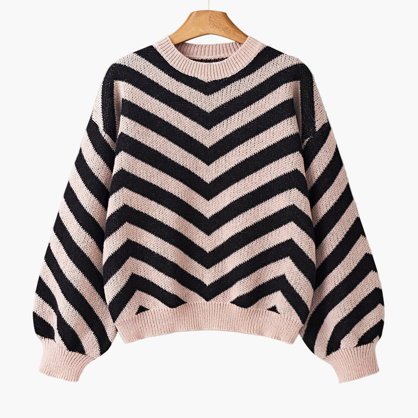 Elegancki sweter damski w paski jodełkowe, styl jesienno-zimowy, z długim rękawem, luźny krój