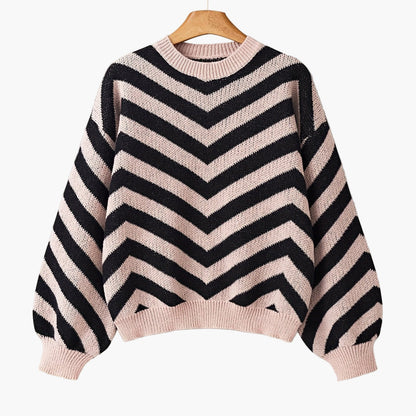 Elegancki sweter damski w paski jodełkowe, styl jesienno-zimowy, z długim rękawem, luźny krój