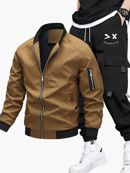 Ensemble décontracté pour homme, style urbain, veste bomber et pantalon cargo, idéal pour le printemps et l’automne